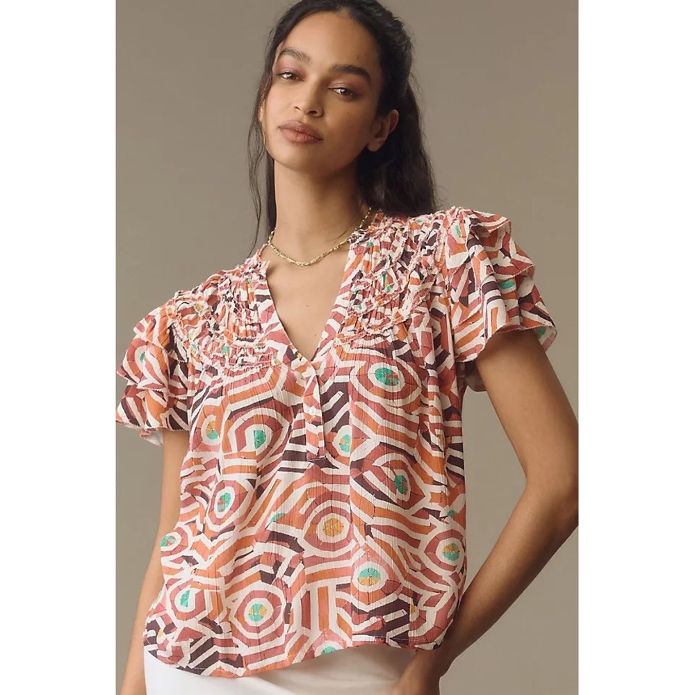 Anthropologie Maeve Short-Sleeve‎ Ruffle Yoke Colorful Blouse size xs